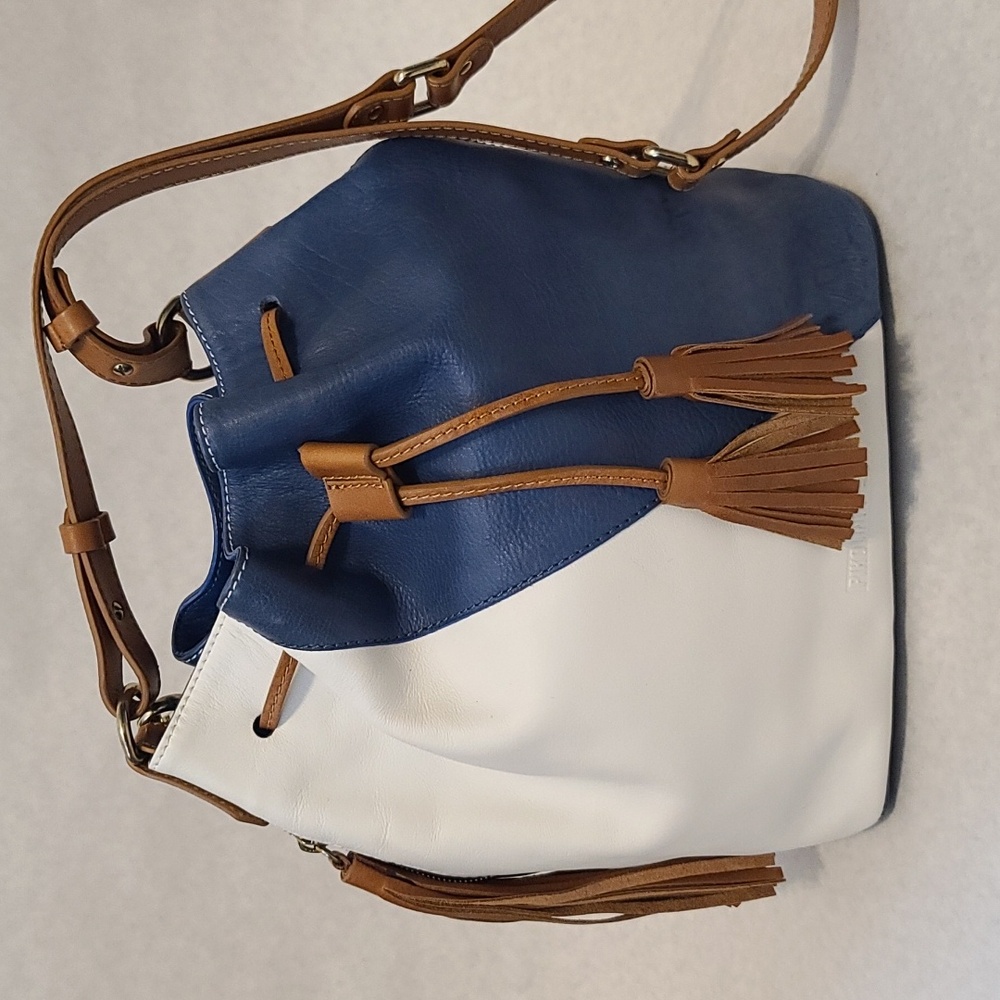 PIKOLINOS Blue and White Genuine Leather Shoulder Bucket Bag